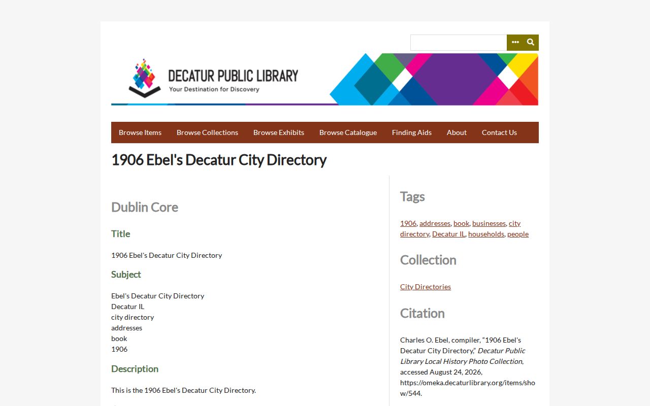 Decatur Public Library record for the 1906 Ebel city directory