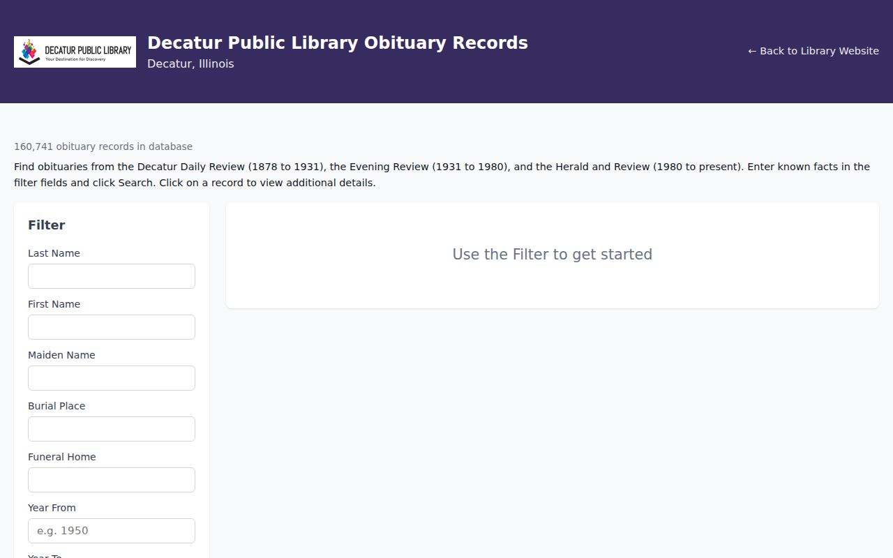 Decatur Public Library obituary index search fields